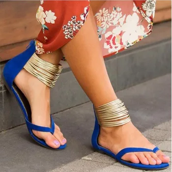 Yeni kadın rahat sandalet moda ayak bileği kayışı Geri Fermuar Kaymaz Flats açık ışık Rahat plaj ayakkabısı Sandalia Feminina