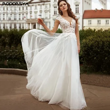 Zarif Dantel Kap Kolsuz düğün elbisesi Boho Aplikler A-Line gelin kıyafeti Illusion Backless Düğme Tül Tren robe de mariée