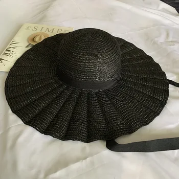 Zarif Siyah Doğal Hasır Şapka Kadın Dantel Up Geniş Ağız Lotus Yaprağı Hasır Şapkalar Şerit Kız Yaz UV güneş şapkası plaj şapkası