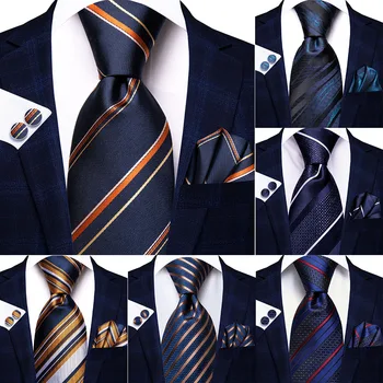 Çizgili Mavi Altın İpek Düğün Kravat Erkekler İçin Hediye Erkek Kravat Handky Kol Düğmesi Moda İş Parti Dropshipping Hi-kravat Tasarımcısı