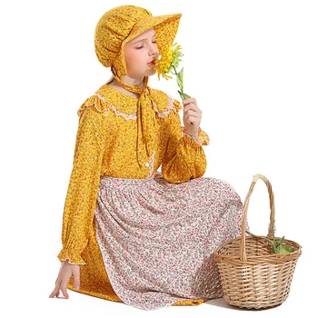 Çocuk Sarı Çiçek Kırsal Çiftlik Köylü Kadın Kıyafet Kostüm çocuk Kız Hizmetçi Ortaçağ Hizmetçi Cadılar Bayramı Purim süslü elbise