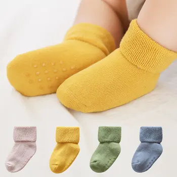 Çocuk çorap sonbahar ve kış kalın yün düz renk sıcak çember çorap nokta tutkal kaymaz bebek çorap yenidoğan bebek çorap